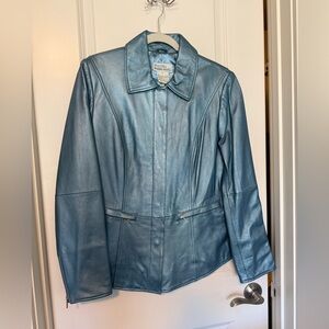 Womens Blue Metallic Leather Jacket